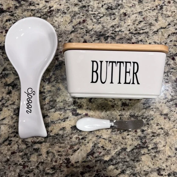 Farmhouse White and Black Butter Dish Set with Spoon and Spreader - Picture 1 of 6